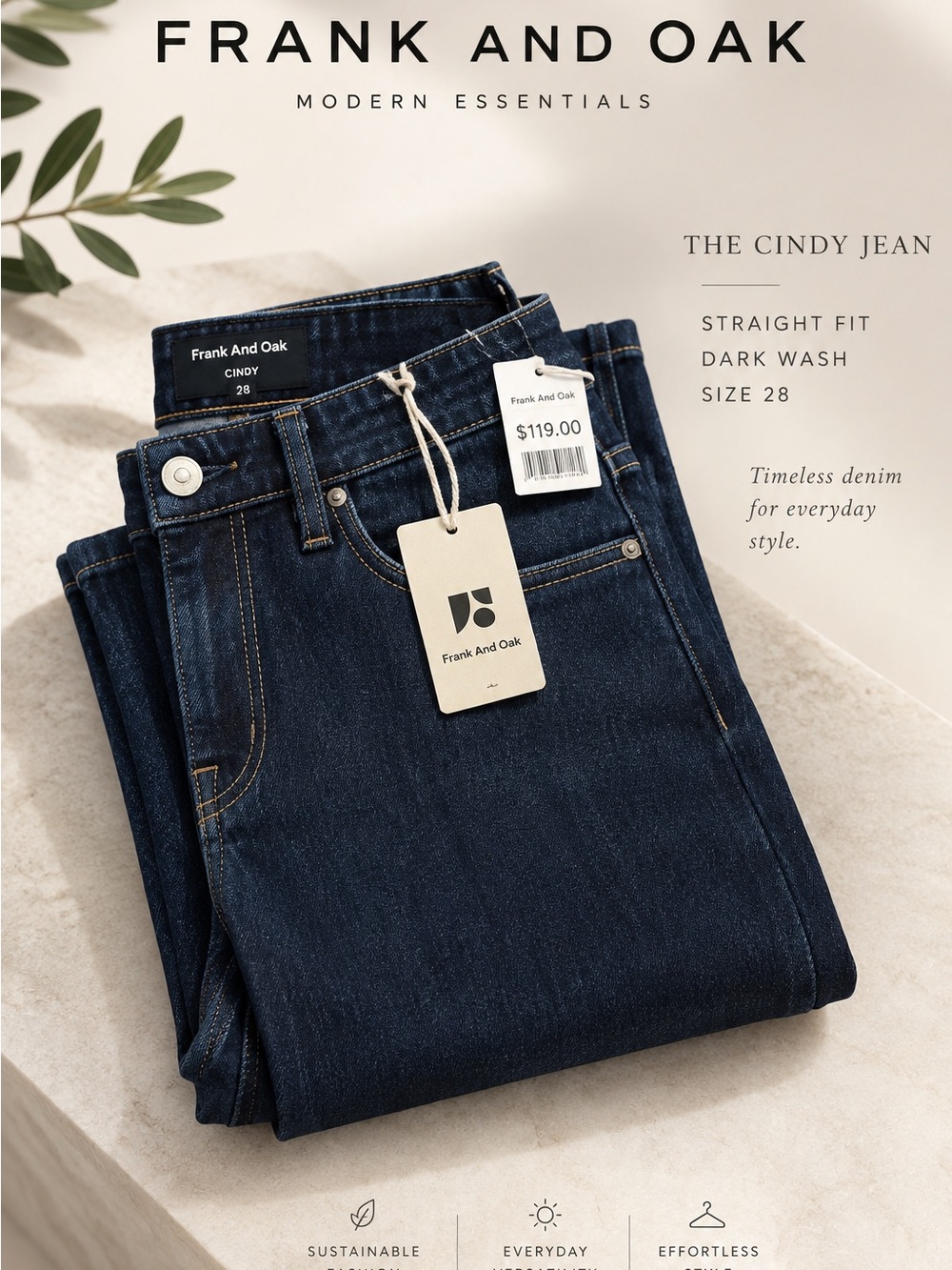 NWT Frank And Oak Cyndi Straight Jeans 28 High Rise Dark Wash $119 Retail